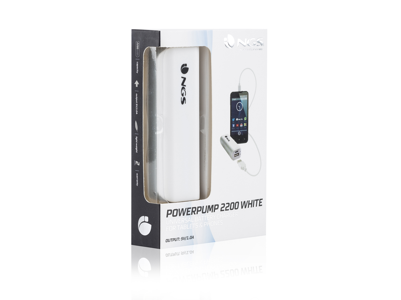 NGS PowerPump 2200mAh with 5V1A output White Power Bank Model POWERPUMP2200WHTE