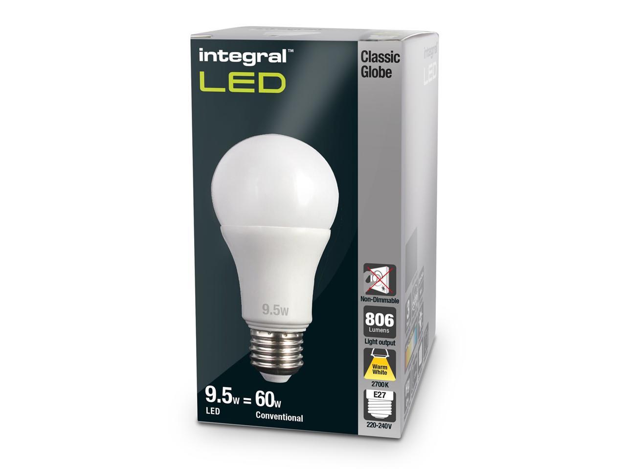 Integral LED Classic Globe 9.5W/60W 2700K 806lm Warm White Edison Screw Cap