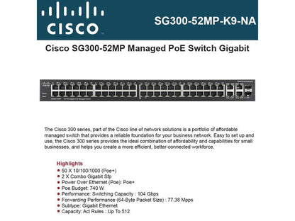 Cisco SG300-52MP-K9-NA SG300 52 Port Gigabit Max PoE