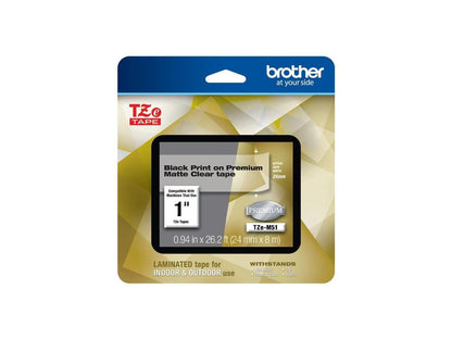 Brother TZeM51 Black Print on Premium Matte Clear Laminated Tape for P-touch Label Maker, 24.00 mm (0.94â€?) wide x 8.00 m (26.20 ft.) long