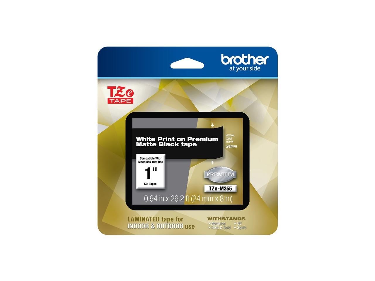 Brother TZeM355 White Print on Premium Matte Black Laminated Tape for P-touch Label Maker, 24.00 mm (0.94â€?) wide x 8.00 m (26.20 ft.) long