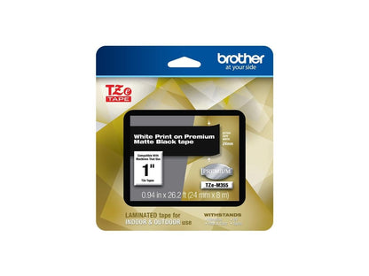Brother TZeM355 White Print on Premium Matte Black Laminated Tape for P-touch Label Maker, 24.00 mm (0.94â€?) wide x 8.00 m (26.20 ft.) long