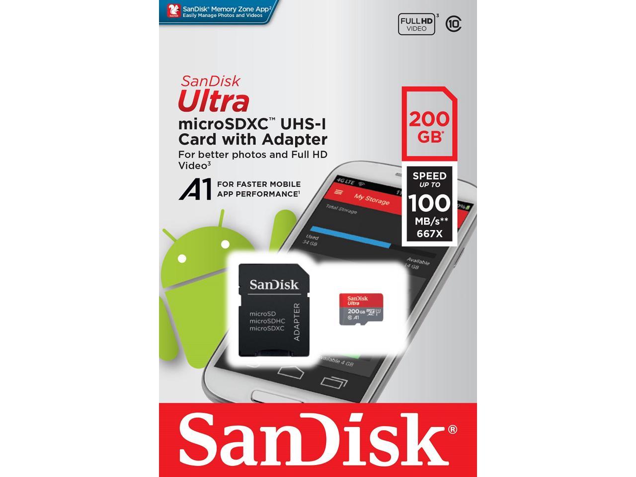 SanDisk 200GB Ultra microSDXC UHS-I/Class 10 Memory Card with Adapter, Speed Up to 90MB/s (SDSDQUAN-200G-G4A)