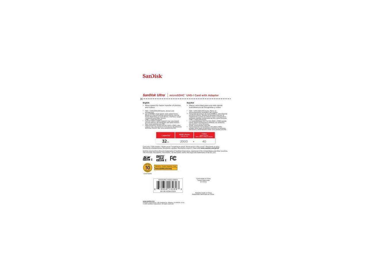 SanDisk Ultra 32GB microSDHC Memory Card with SD Adapter Model SDSQUNC-032G-AN6IA
