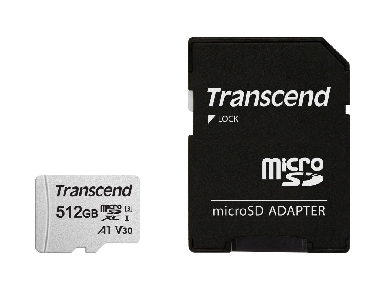 512GB Transcend 300S microSDXC UHS-I U3 V30 A1 CL10 Memory Card with SD Adapter 95MB/sec