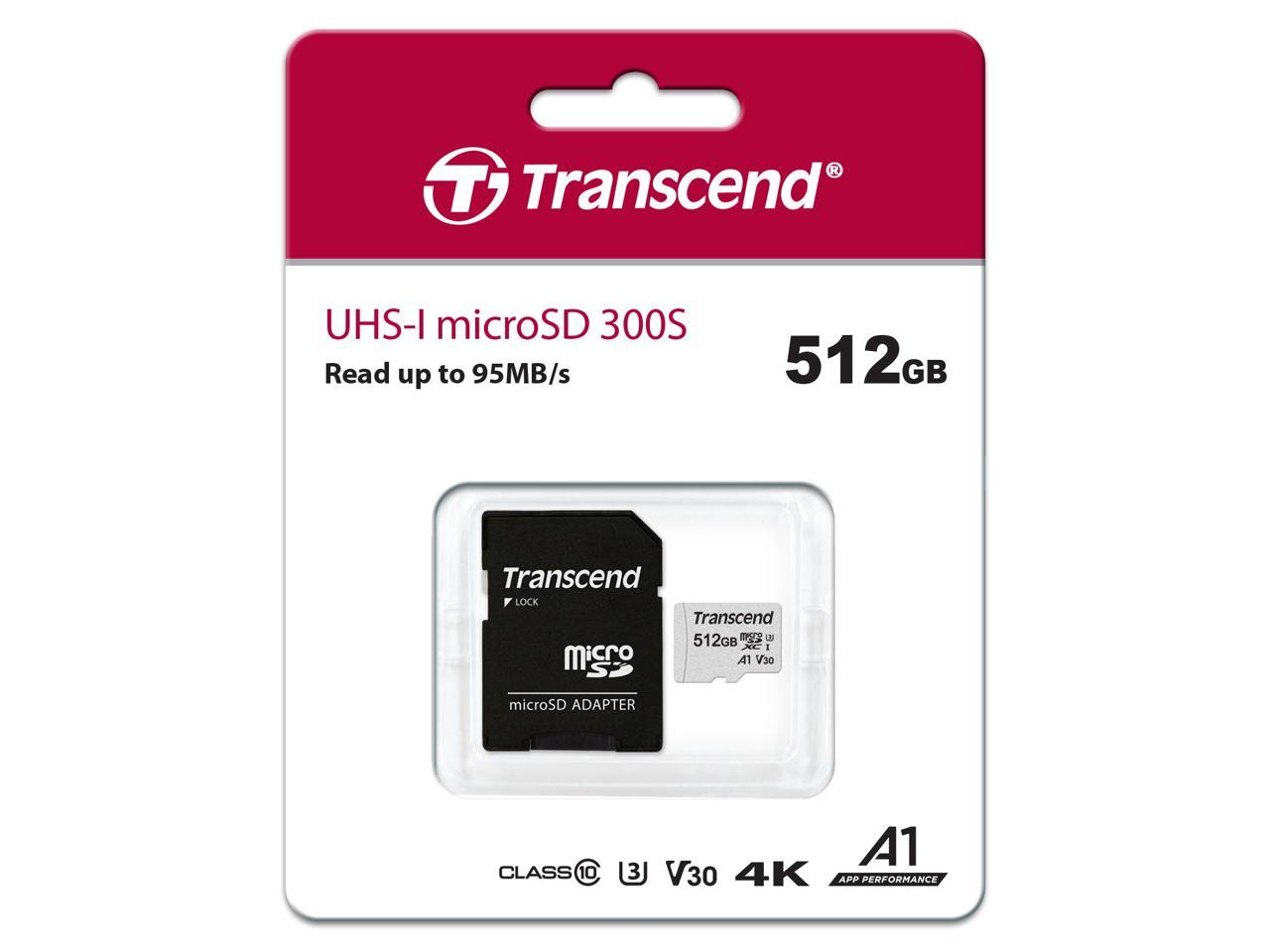 512GB Transcend 300S microSDXC UHS-I U3 V30 A1 CL10 Memory Card with SD Adapter 95MB/sec