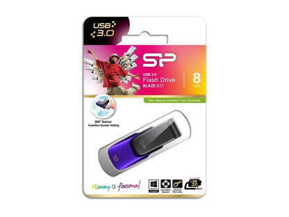 Silicon Power 8GB Blaze B31 Swivel Cap USB 3.0 Flash Drive Color Black/Purple Edition Model SP008GBUF3B31V1U