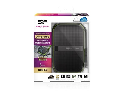 5TB Silicon Power Armor A60 Shockproof Portable Hard Drive - USB3.0 - Black/Green Edition