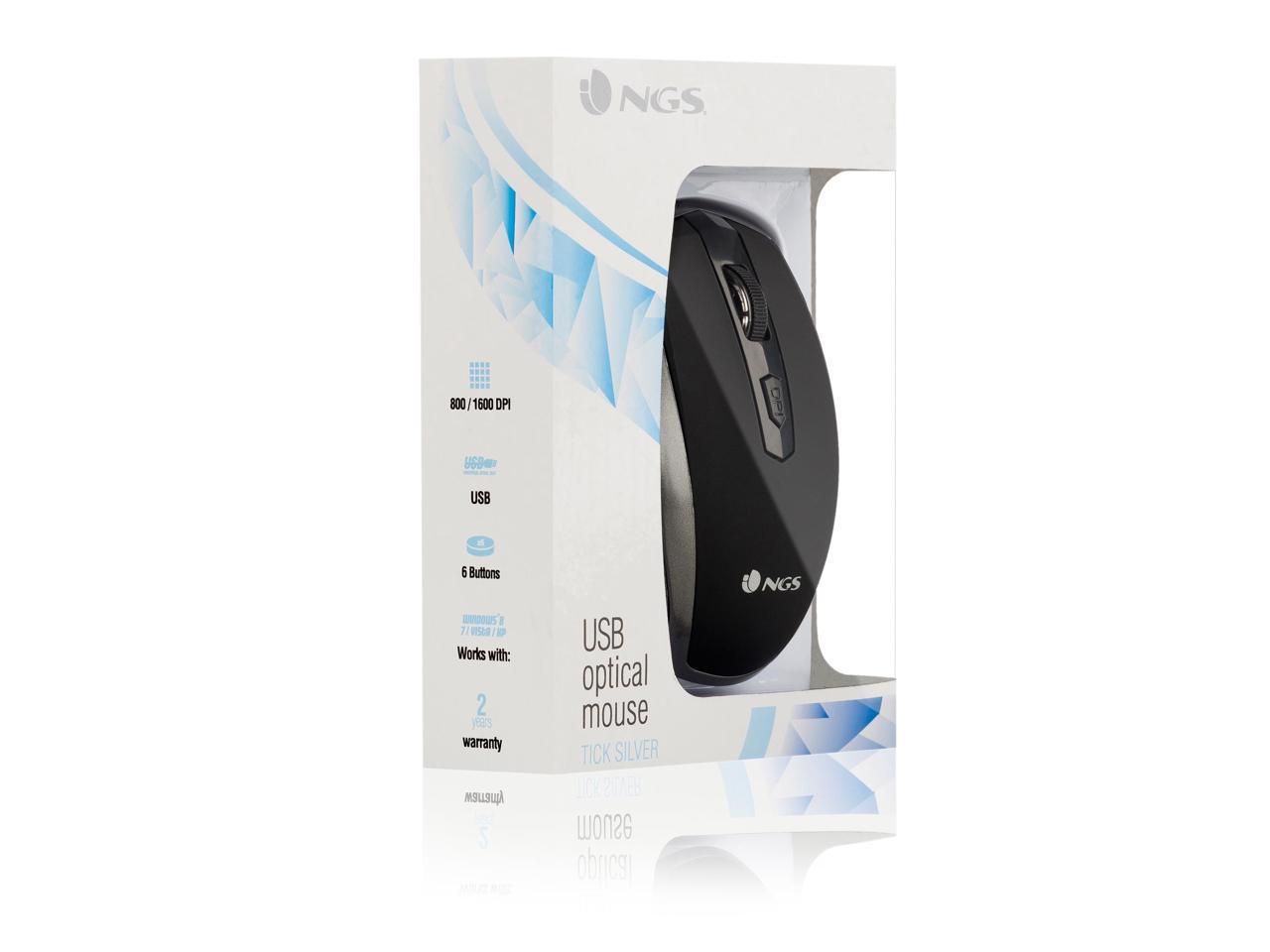 NGS Tick Wired Optical Gaming Mouse, 5 Buttons + Scroll Wheel - Silver