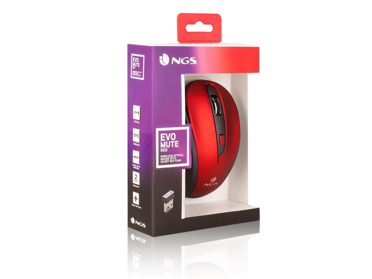 NGS 2.4GHz Wireless Optical Silent Mouse, 5 Buttons + Scroll Wheel - Evo Mute Red