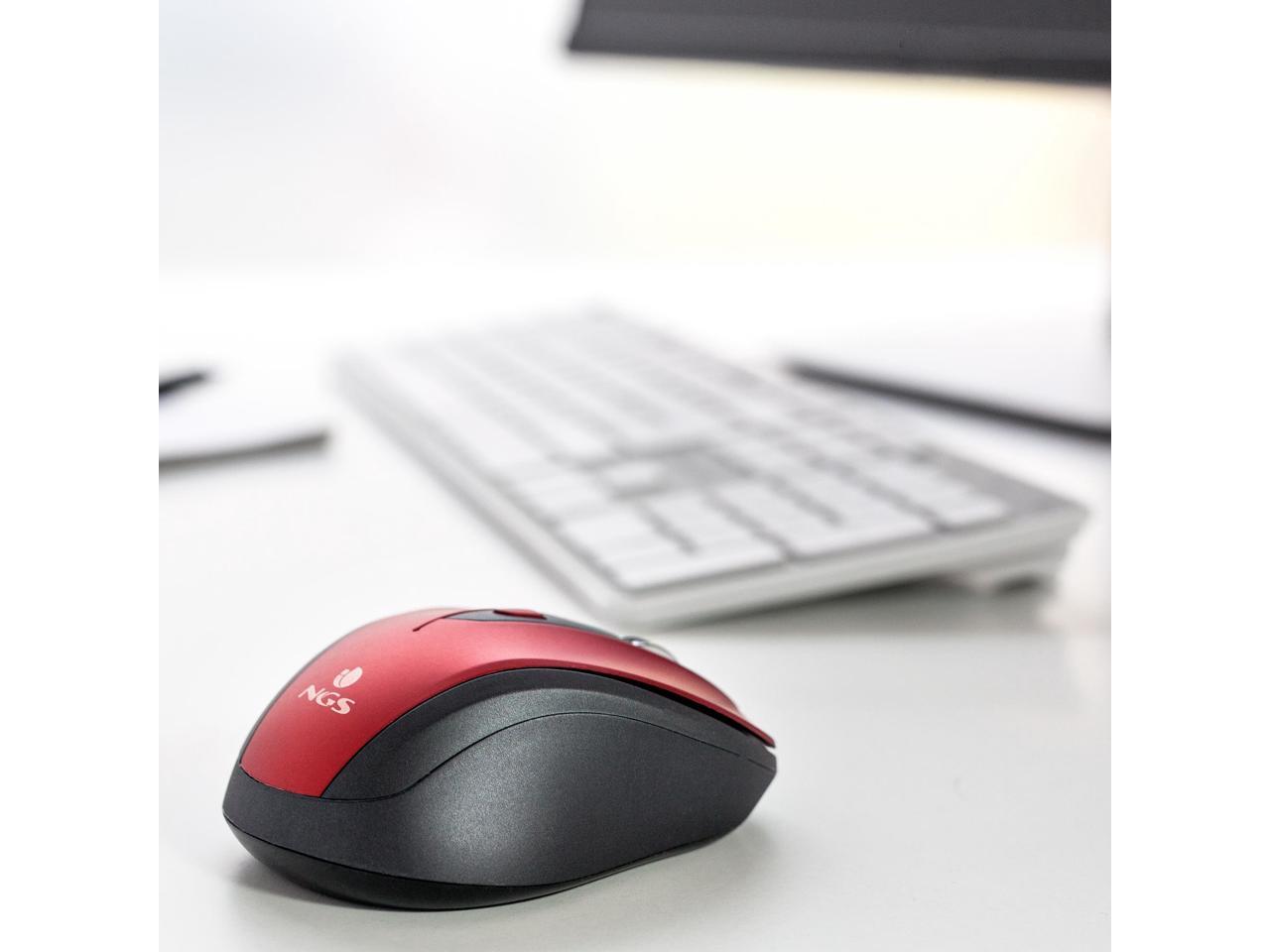 NGS 2.4GHz Wireless Optical Silent Mouse, 5 Buttons + Scroll Wheel - Evo Mute Red