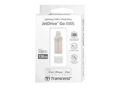 Transcend TS128GJDG500S 128Gb Jetdrive Go 500 Lightning/USB 3.1 Flash Drive, Silver Plating