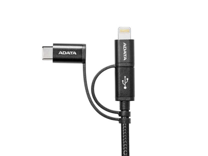 AData 3-in-1 Lightning / micro USB / USB-C Durable Braided Cable - 100cm Black