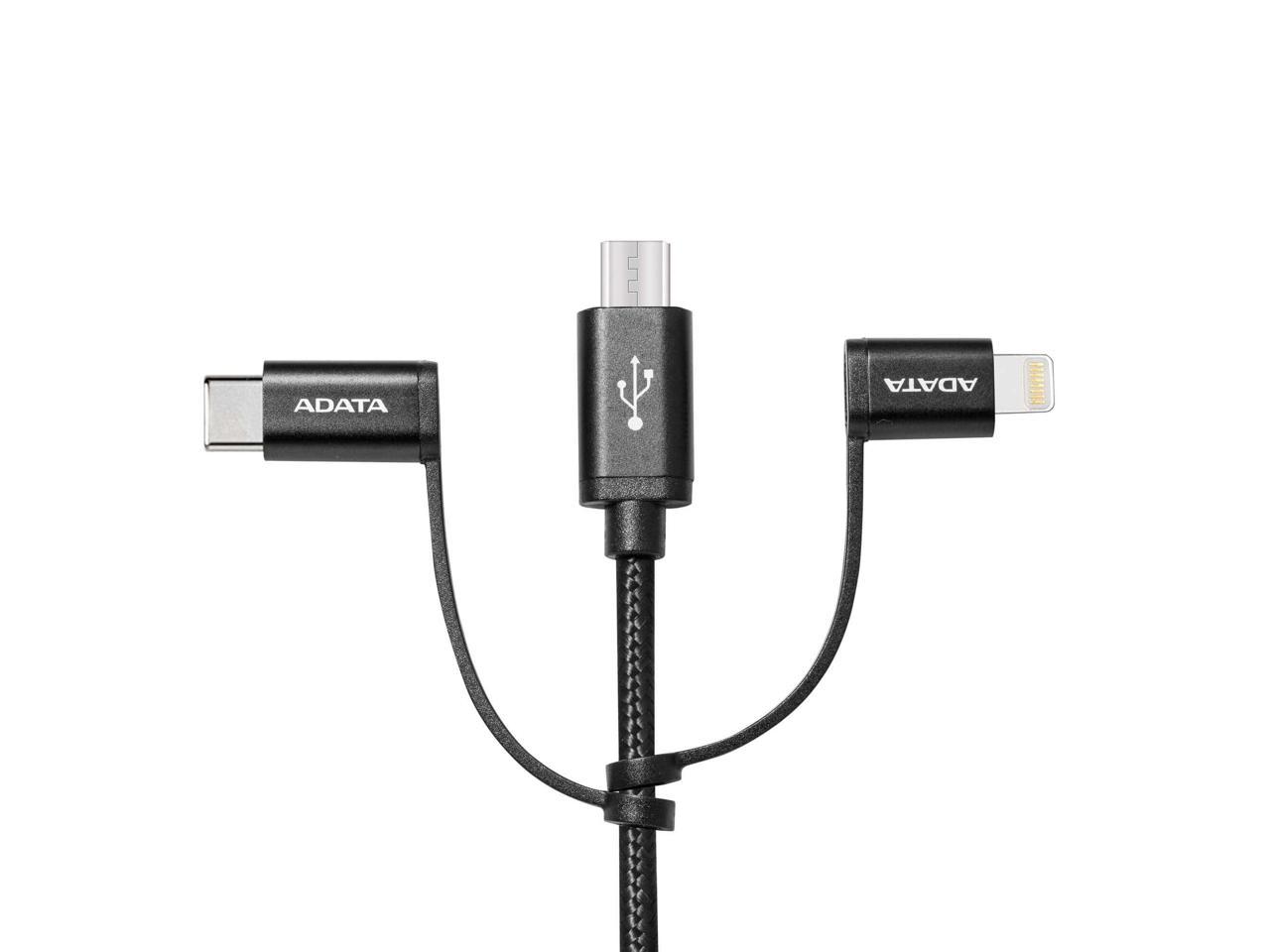 AData 3-in-1 Lightning / micro USB / USB-C Durable Braided Cable - 100cm Black