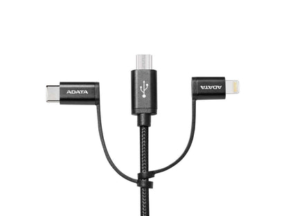 AData 3-in-1 Lightning / micro USB / USB-C Durable Braided Cable - 100cm Black
