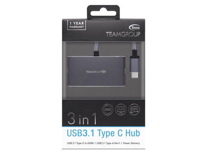 TEAMGROUP 3 in 1 hub for USB Type C power delivery (WT01), 4K HDMI, USB 3.1 Gen1 Adaptor for MacBook - Gray