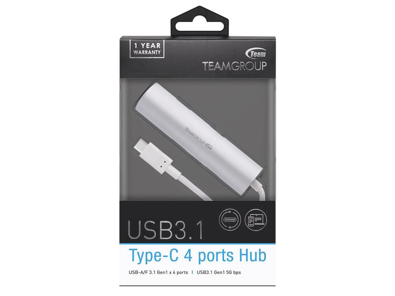 TEAMGROUP Type C to 4-port USB 3.1 Gen1 Hub Adaptor (WT03) for MacBook Pro 2015/2016/2017 Mac, ChromeBook - Silver