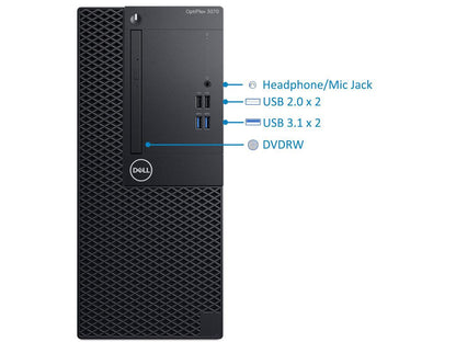 Dell Optiplex 3070 Mini-Tower Computer, Intel Core i5-9500 Upto 4.40 GHz, 8GB RAM, 1TB M.2 NVMe SSD, Wi-Fi, Bluetooth, DisplayPort, HDMI, DVD-RW - Windows 10 Pro