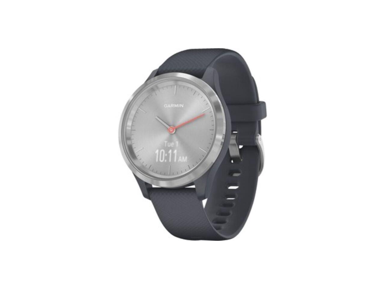 Garmin Vivomove 3S Hybrid Smartwatch with Real Watch Hands and Hidden Touchscreen Display - Granite Blue Silicone with Silver Hardware