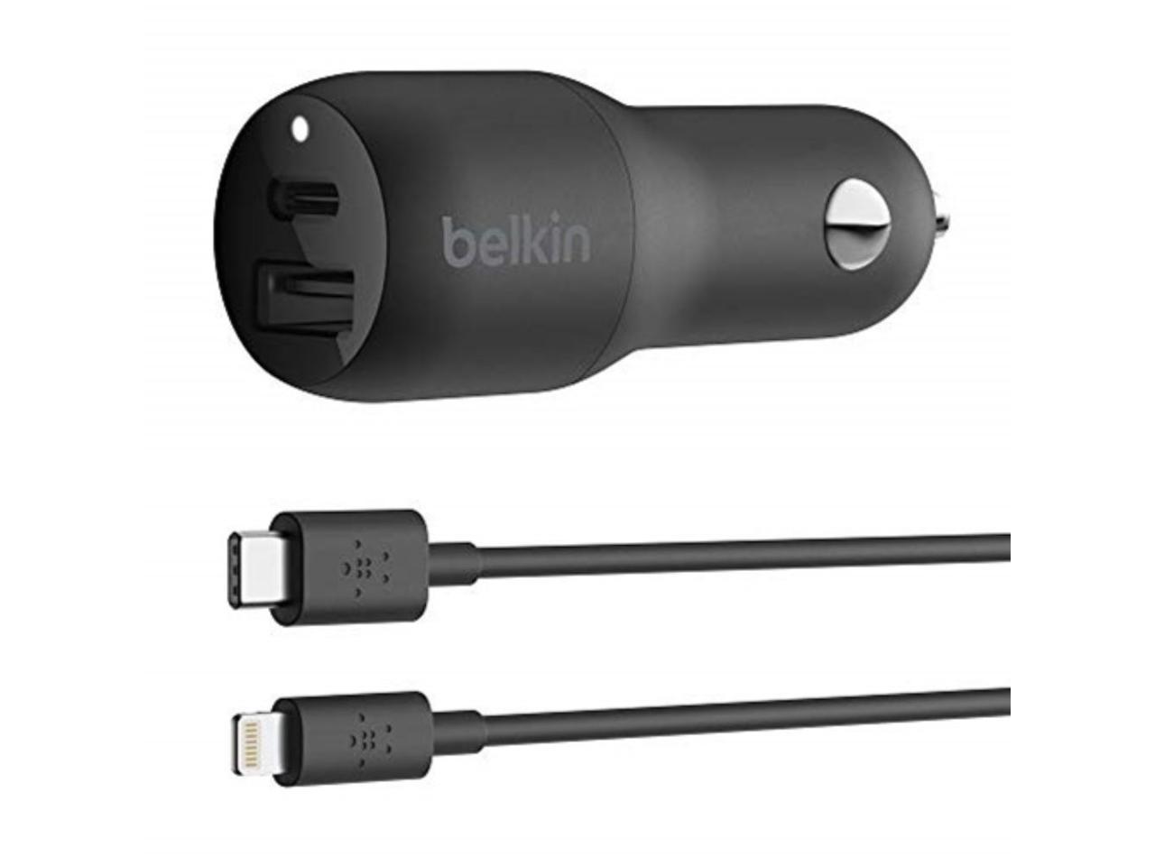 BELKIN F7U100BT04-BLK BOOST CHARGE Black USB-C + USB-A Car Charger 30W with USB-C to Lightning Cable