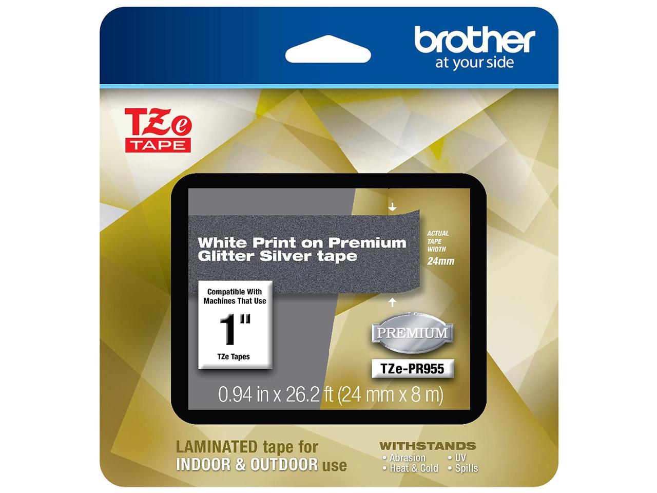 Brother TZePR955 White Print on Premium Glitter Silver Laminated Tape for P-touch Label Maker, 24mm (0.94â€?) wide x 8m (26.2') long
