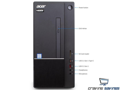 Acer Aspire TC Series Destop, Intel 6-Core i5-8400 Upto 4.0GHz, 32GB DDR4, 1TB SSD, DVD-RW, VGA, HDMI, USB, Card Reader, Wi-Fi, Bluetooth, Windows 10 Professional 64Bit