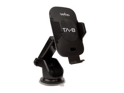 Veho TA-8 Universal in-car smartphone cradle/holder with Qi wireless charging | Auto sensing open/close clasp system | windscreen suction cup & air vent fixing mount(s) | Designed in UK | VAA-014-TA8