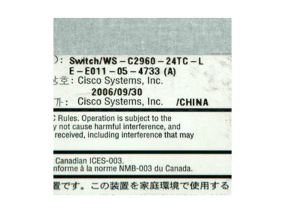 Cisco Systems Catalyst WS-C2960-24TC-L 1U 24-Port Ethernet Switch w/ Rack Ears
