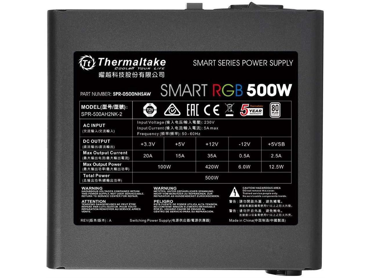 Thermaltake Smart RGB 500W 80+ 256-Color RGB Fan ATX 12V 2.3 Kaby Lake Ready Power Supply 5 Yr Warranty Power Supply PS-SPR-0500NHFAWU-1