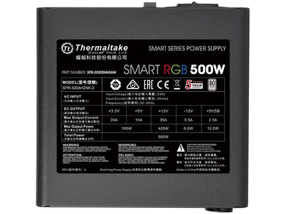 Thermaltake Smart RGB 500W 80+ 256-Color RGB Fan ATX 12V 2.3 Kaby Lake Ready Power Supply 5 Yr Warranty Power Supply PS-SPR-0500NHFAWU-1