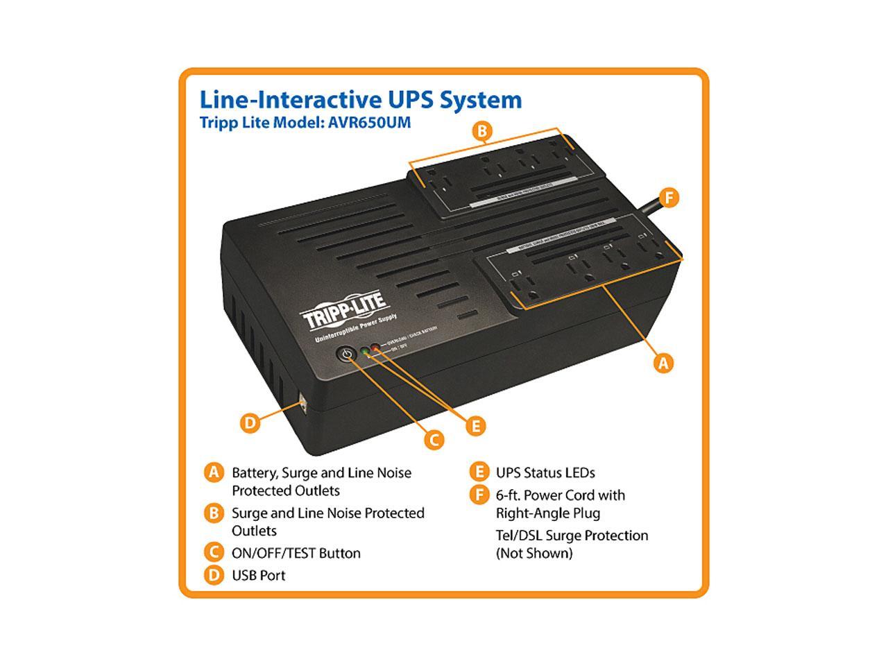 TRIPP LITE AVR650UM 650 VA 325 Watts 4 UPS outlets, 4 surge-only outlets Outlets UPS