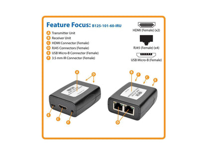 Tripp Lite B125-101-60-IRU HDMI over Dual Cat5/Cat6 Extender Kit, In-Line Transmitter/Receiver for Video/Audio, 1920 x 1080 (1080p) @ 60 Hz, IR (B125-101-60-IRU)