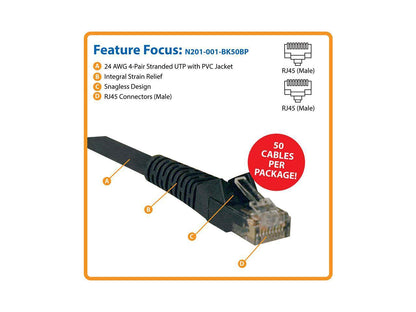 TRIPP LITE CONNECTIVITY N201-001-BK50BP 1FT CAT6 PATCH CABLE M/M BLACK