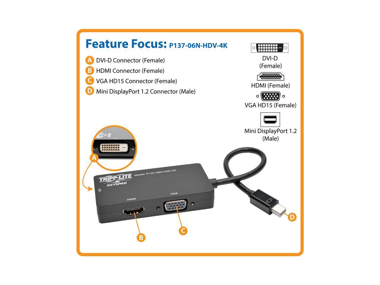 Tripp Lite 6In Mini Displayport To Vga / Dvi / Hdmi Adapter Converter 4Kx 2K 6"