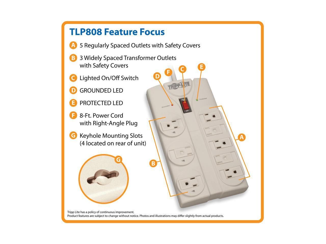 Tripp Lite TLP808 8 Outlets 1440 Joules 8' Cord Protect It! Surge Suppressor