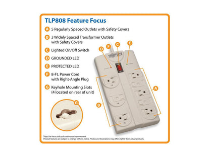 Tripp Lite TLP808 8 Outlets 1440 Joules 8' Cord Protect It! Surge Suppressor