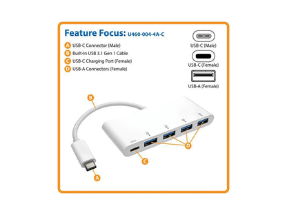 Tripp Lite 4-Port USB 3.1 USB-C to USB-A Hub w/ USB-C Charging Port 5 Gbps (U460-004-4A-C)