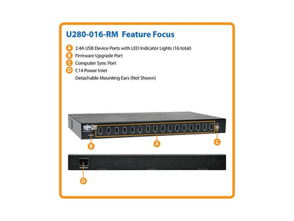 Tripp Lite 16-Port USB Charging Station with Syncing Function - 5V 40A / 200W USB Charger Output (U280-016-RM)
