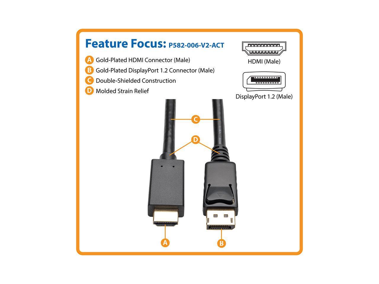 Tripp Lite DisplayPort 1.2 to HD Active Adapter Cable, DP with Latches to HDMI (M/M), UHD 4K x 2K/1080p, 6 ft. (P582-006-V2-ACT)