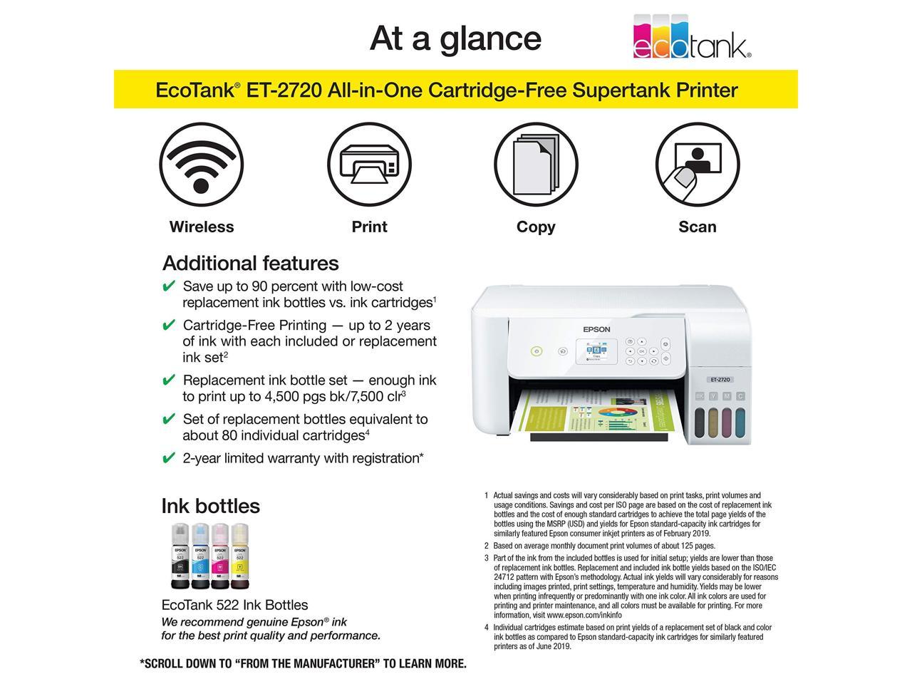 Epson EcoTank ET-2720 Wireless Color All-in-One Supertank Printer with Scanner and Copier - White