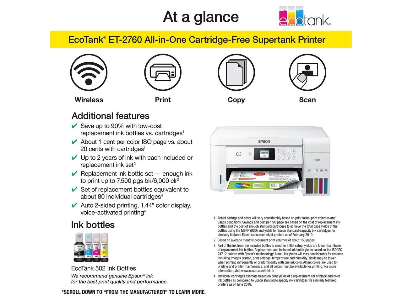Epson EcoTank ET-2760 Wireless Color All-in-One Cartridge-Free Supertank Printer with Scanner and Copier