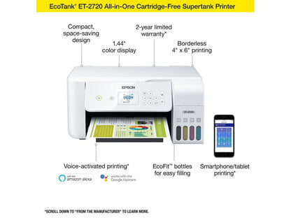 Epson EcoTank ET-2720 Wireless Color All-in-One Supertank Printer with Scanner and Copier - White