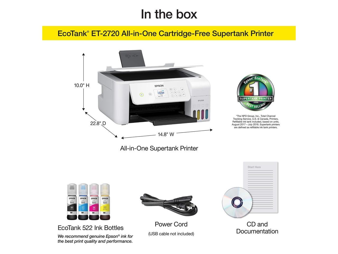 Epson EcoTank ET-2720 Wireless Color All-in-One Supertank Printer with Scanner and Copier - White