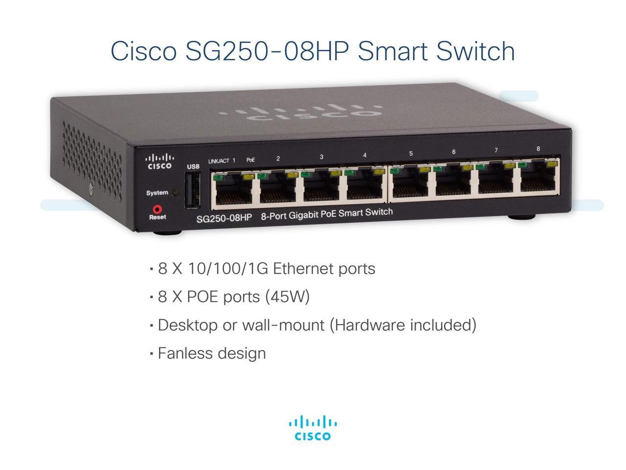 Cisco Sg250-08Hp 8-Port Gigabit Poe Smart Switch