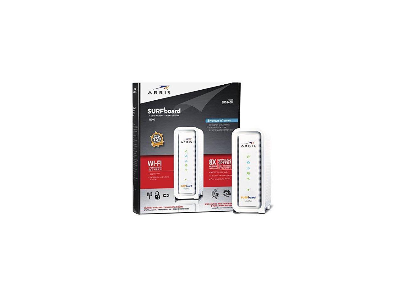ARRIS SURFboard N300 DOCSIS 3.0 Cable Modem Router (SBG6400) Certified with Comcast Xfinity, Time Warner Cable, Charter, Cox, Cablevision, and more (White Retail Packaging)