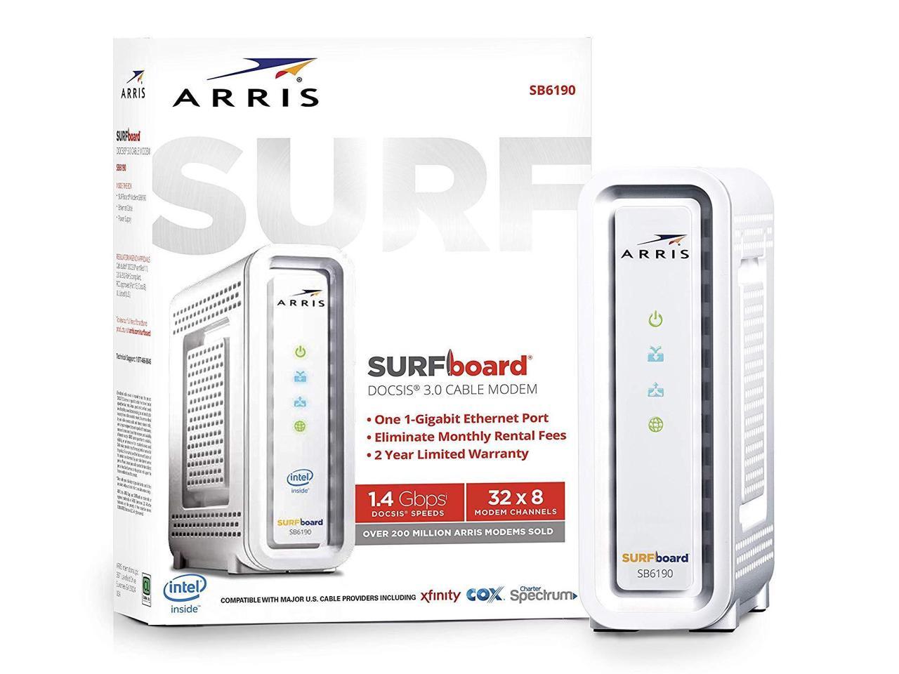 ARRIS SURFboard (32x8) DOCSIS 3.0 Cable Modem, 1.4 Gbps Max Speed, Certified for Comcast Xfinity, Spectrum, Cox, Cablevision & more (SB6190 White)