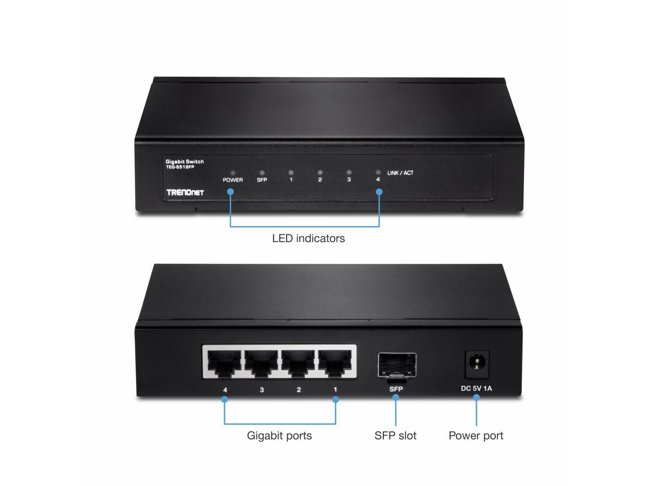TRENDnet 4-Port Gigabit Switch with SFP Slot. Limited Life Time Warranty