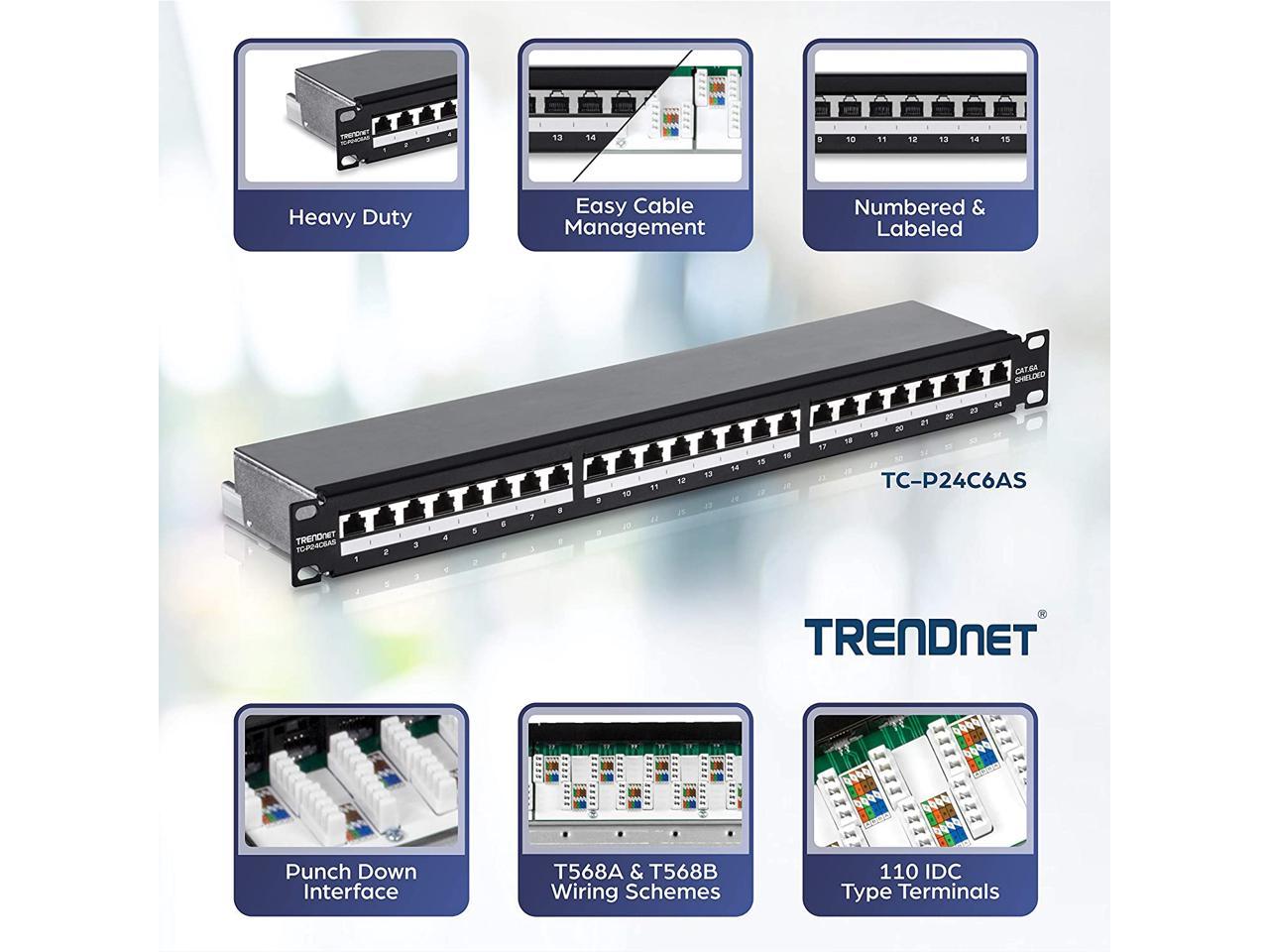 TRENDnet TC-P24C6AS 24-port Cat6A Shielded 1U Patch Panel, 1000BASE-T / 10GBASE-T Support, compatible with cat5e, cat6, cat6a, 110 or Krone type