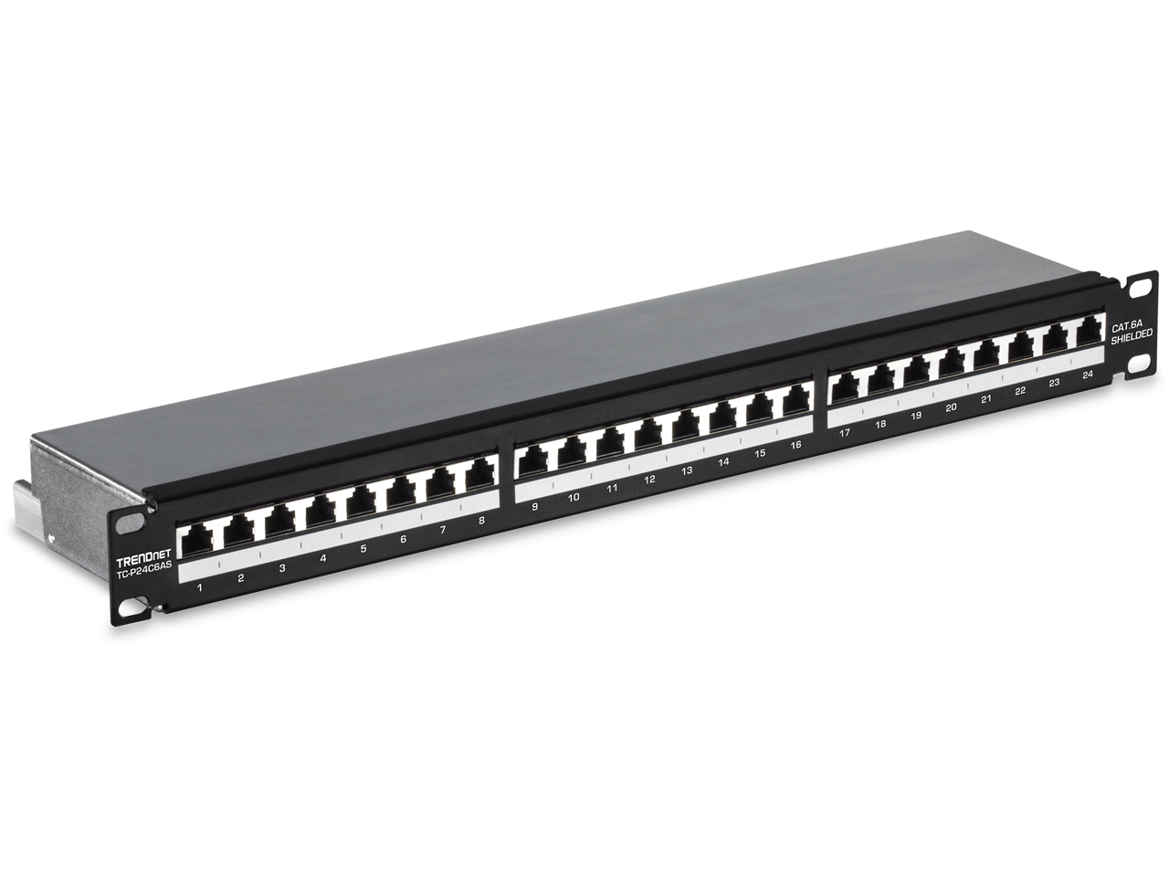 TRENDnet TC-P24C6AS 24-port Cat6A Shielded 1U Patch Panel, 1000BASE-T / 10GBASE-T Support, compatible with cat5e, cat6, cat6a, 110 or Krone type