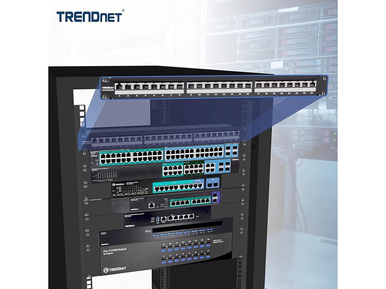 TRENDnet TC-P24C6AS 24-port Cat6A Shielded 1U Patch Panel, 1000BASE-T / 10GBASE-T Support, compatible with cat5e, cat6, cat6a, 110 or Krone type